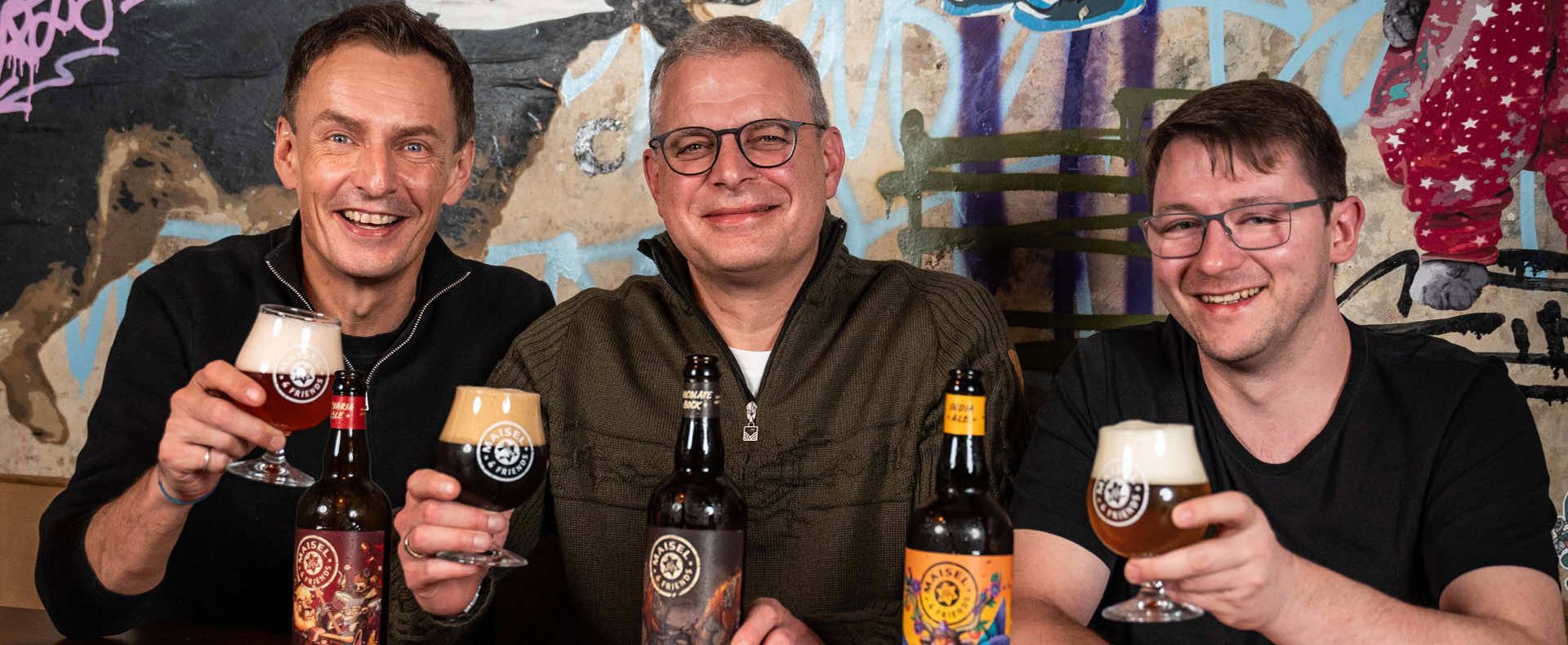 Die Signature Biere von Maisel & Friends mit ihren drei Bier-Paten Jeff, Marc und Markus