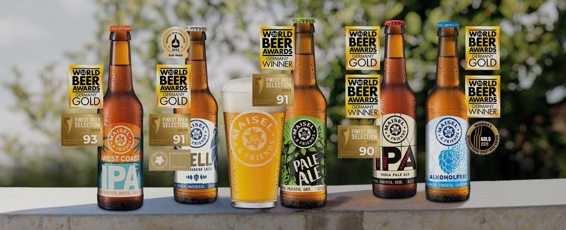 A range of Maisel beers and their respective Awards that they received over the years.